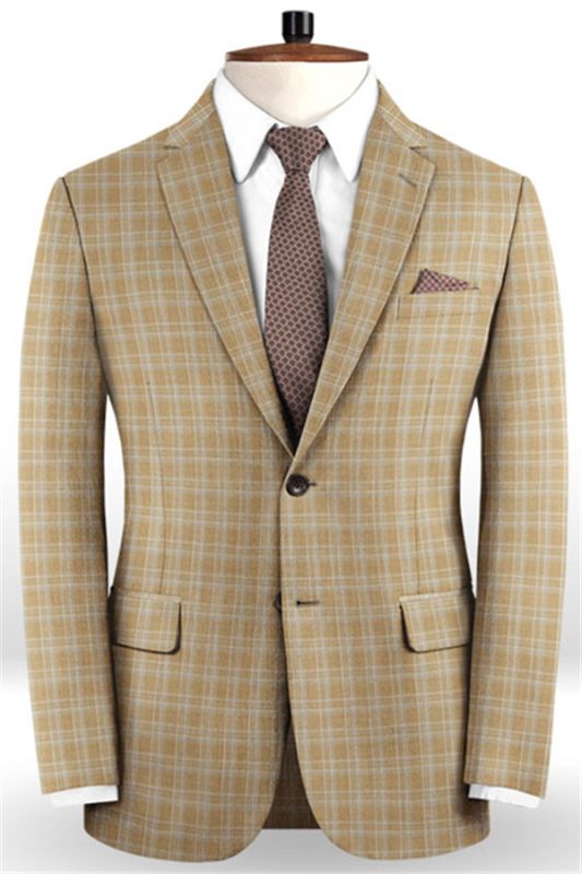 Khaki Checker Two Pieces Men Suits | Bespoke Slim Fit Tuxedo Online