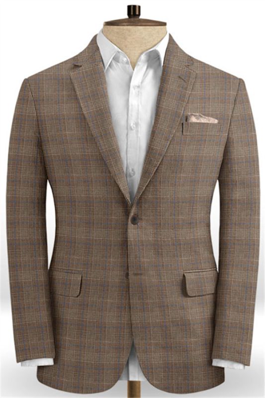Brown Casual Two Pieces Men Suits | Linen Plaid Slim Fit Tuxedo