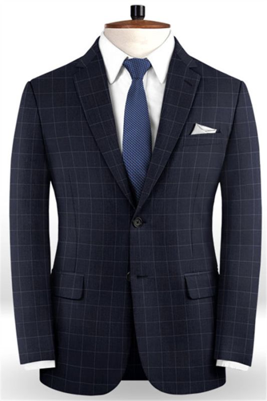 Dark Blue Checked Men Suits | Fashion Notch Lapel Prom Tuxedo