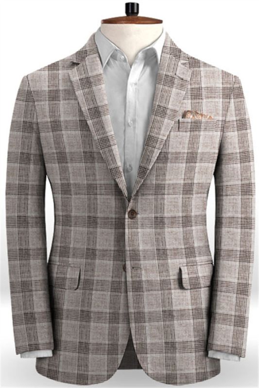 Khaki Linen Groom Men Suits Online | Fashion Plaid Two Pieces Tuxedo