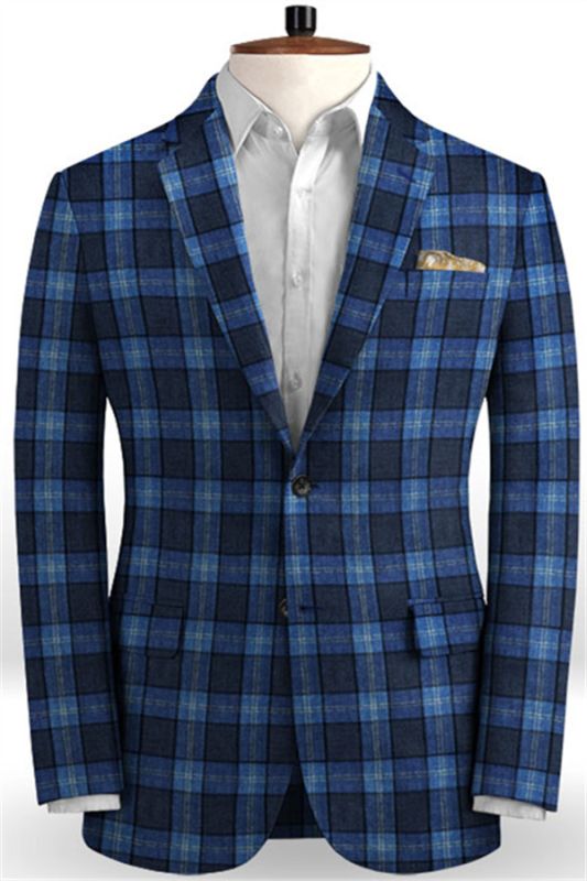 Bespoke Blue Plaid Linen Men Suits | Formal Business Tuxedo with Two Pieces