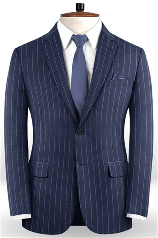 Dark Blue Business Formal Suits | Fashion Two Buttons Striped Tuxedo Online