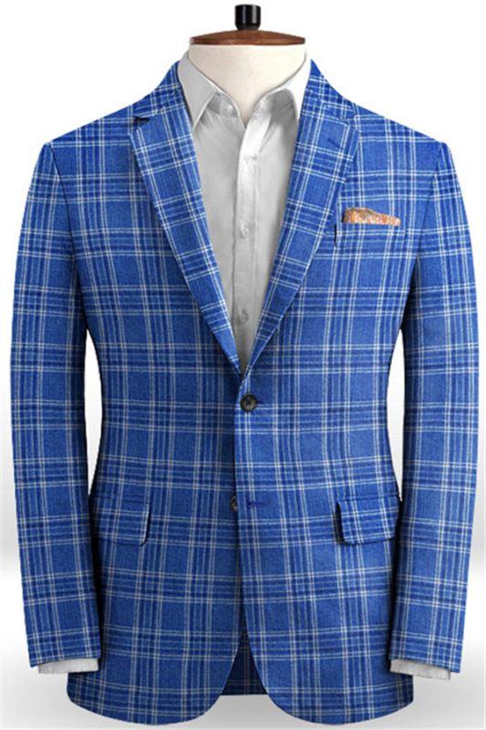 Ocean Blue Plaid Business Men Suits | Formal Linen Notch Lapel Tuxedo