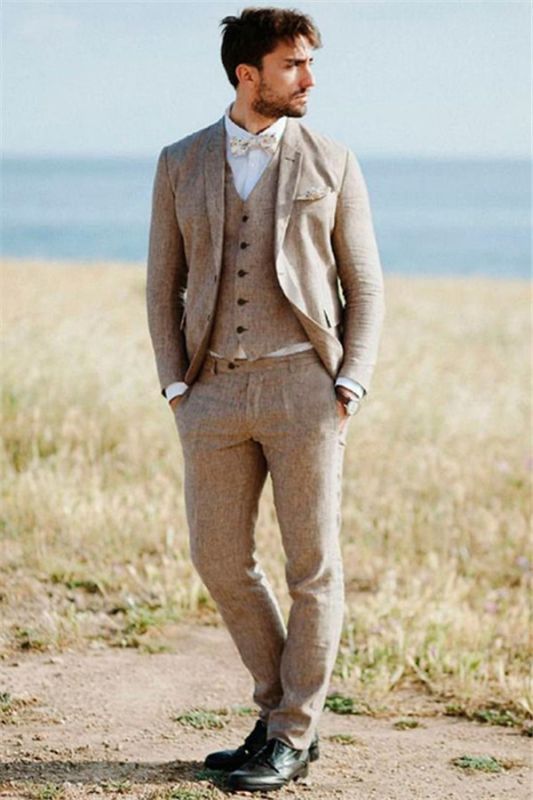 Khaki Linen Summer Beach Mens Classic Suits | 2020 Groom Wedding Tuxedos with 3 Pieces