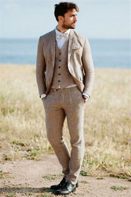 Khaki Linen Summer Beach Mens Classic Suits 2020 Groom