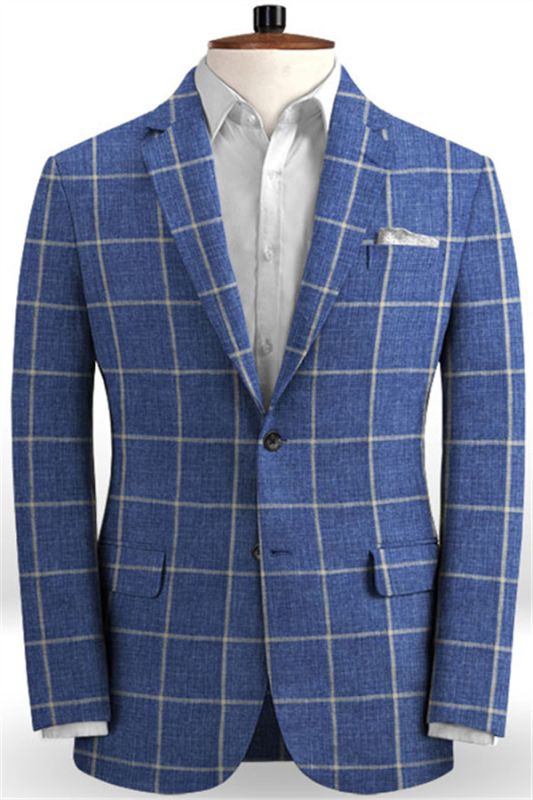 Blue Business Two Pieces Men Suits | Linen Plaid Tuxedo