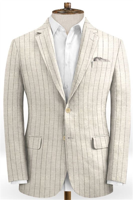 Light Champagne Two Pieces Striped Tuxedo | Linen Summer Beach Groom Suits