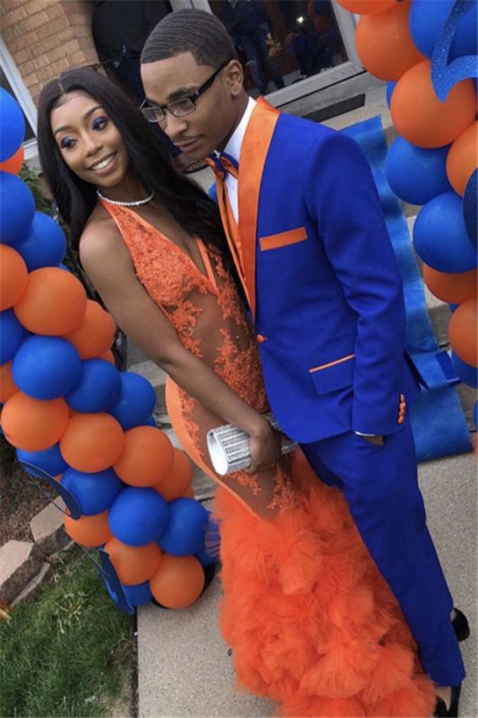 Unique Royal Blue Prom Suit Online Slim Fit Men Suit with Orange Lapel Allaboutsuit