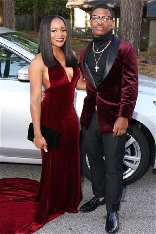 Burgundy Velvet Shawl Lapel Prom Men Suits