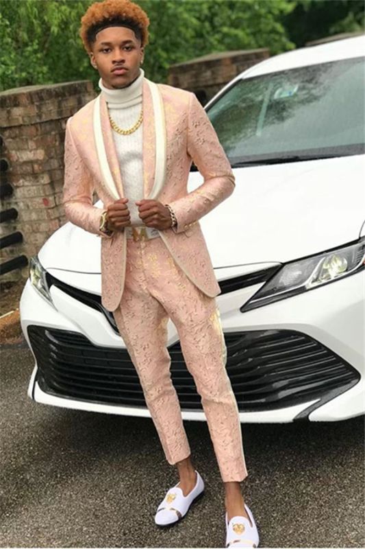 Pink Jacquard Men Suit for Prom Online | Shawl Lapel Prom Outfit