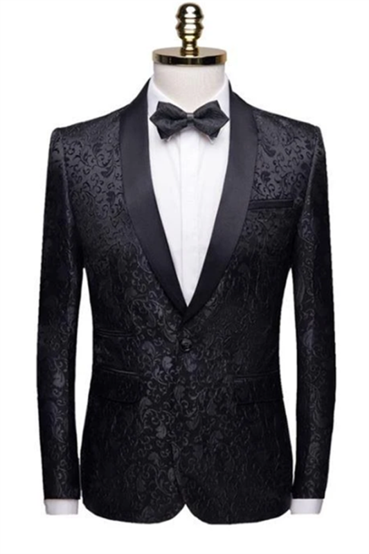 Black Jacquard Shawl Lapel Men Suits | Unique Slim Fit Two-Pieces Wedding Groom Tuexdos