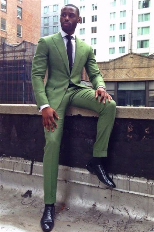 Green Slim Fit Bespoke Men Suit | Peaked Lapel Two Pieces Prom Outfits
