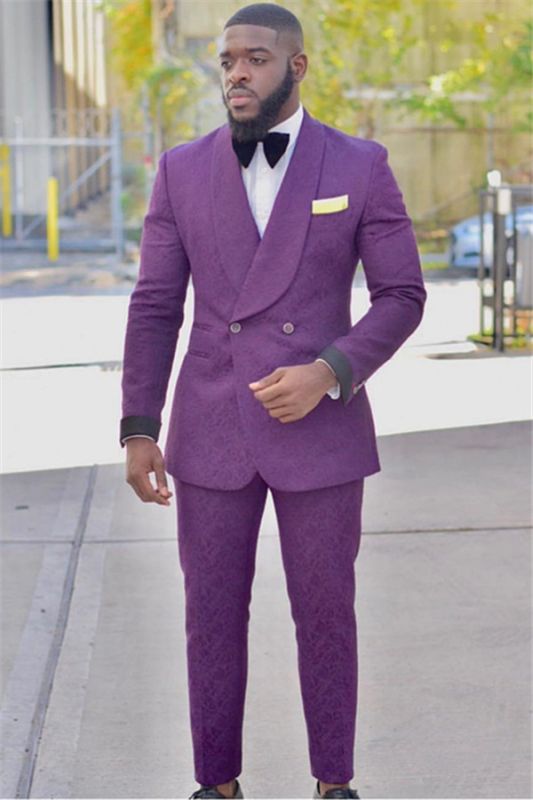 Fashion Purple Slim Fit Groom Tuxedos | Jacquard Prom Outfits Suits