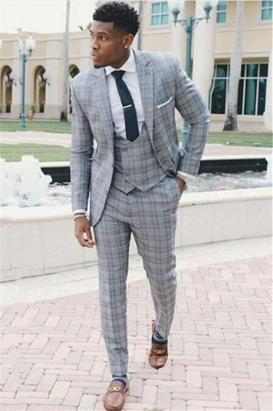 Fashion Grid Men Suits | Three-Piece Notch Lapel Slim Fit Prom Suit