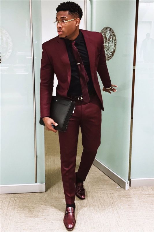 Handsome Burgundy Mens Suits Business Suits | Slim Fit One Button Prom Outfits (Blazer Pants)