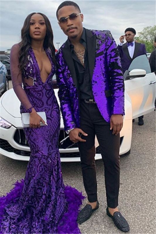 Stylish Purple Sequined Men s Suit Two Piece Slim Fit Prom Men Suits Allaboutsuit