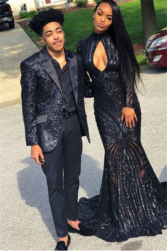 Black Sequins Men Suit Online | Unique Peak Lapel Two Piece Prom Outfits