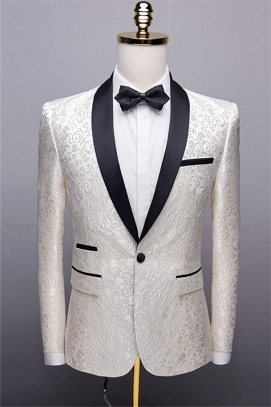 White Jacquard One Button Wedding Tuexdos | Black Shawl Lapel Men Suits (Jacket Pants)