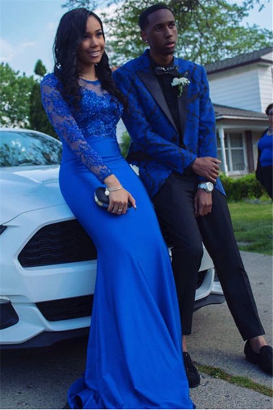 Royal Blue Jacquard Fashion Boy Prom Suits with Black Lapel