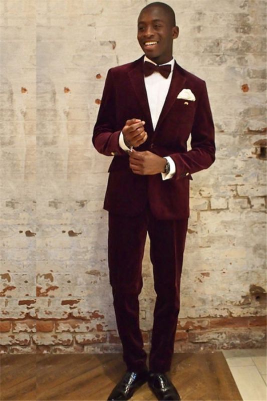 Wine Red Velvet Notched Lapel Stylish Mens Suits Online