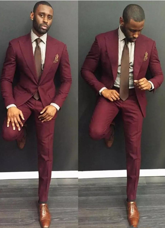Simple Burgundy Slim Fit Peaked Lapel Mens Suit with 2-Piece