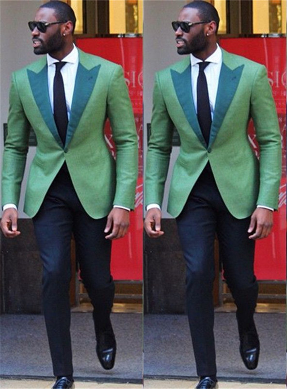 Fashion Green Peaked Lapel One Button Bespoke Slim Fit Mens Suit