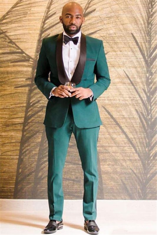 Anthony Dark Green One Button Black Shawl Lapel Wedding Groom Suits Online