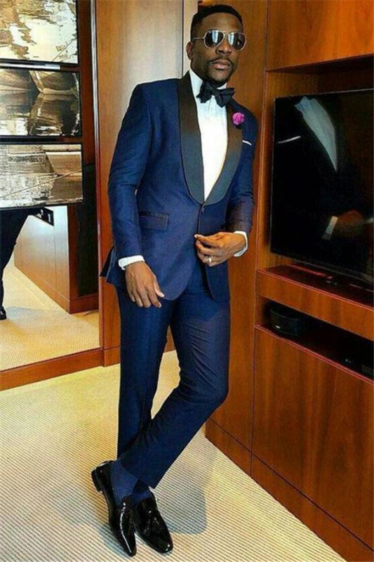Joshua Navy Blue Stylish Bespoke Shawl Lapel Wedding Groom Suits Online