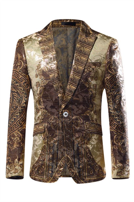 Gold Jacquard Slim Fit Peaked Lapel Mens Blazer