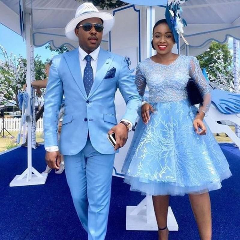Light Blue Peak Lapel 2 Piece Floral Men's Prom Suits