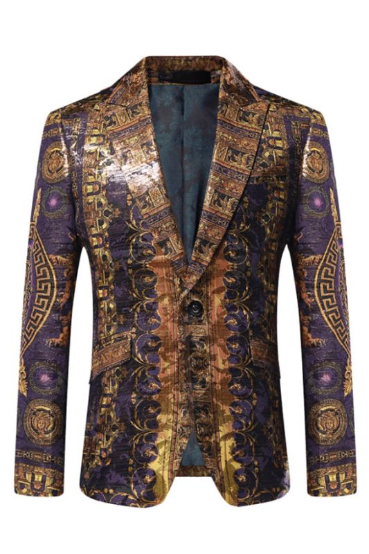 Stylish Peaked Lapel Gold Pattern Blazer Jacket