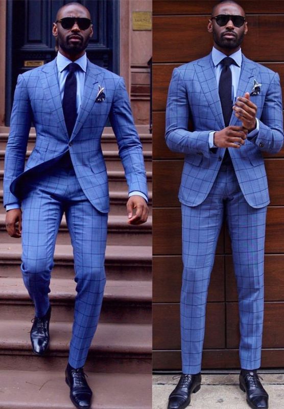 Fashion Blue Plaid Peaked Lapel Two-Piece Formal Business Mens Suit