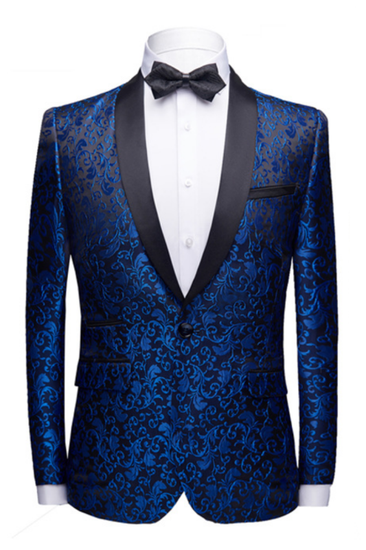 Holden Royal Blue Jacquard Prom Suits | Shawl Lapel Black Satin Wedding ...