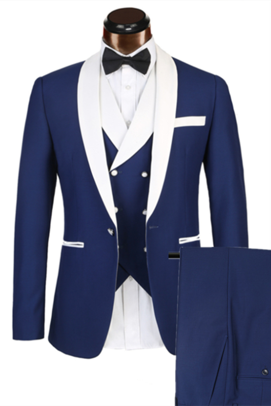 3 Piece Classic White Lapel Edge Banding Formal Blue Men's Suit For ...