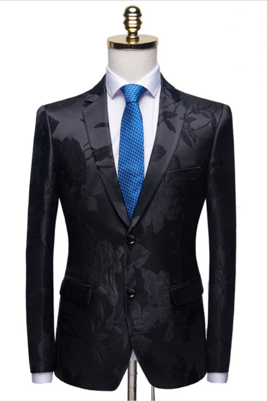 Stylish Notched Lapel Two Buttons Men's Suits | Floral Jacquard Black Wedding Tuxedos