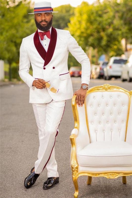 Bryan White Jacquard Double Breasted Wedding Suit with Burgundy Lapel