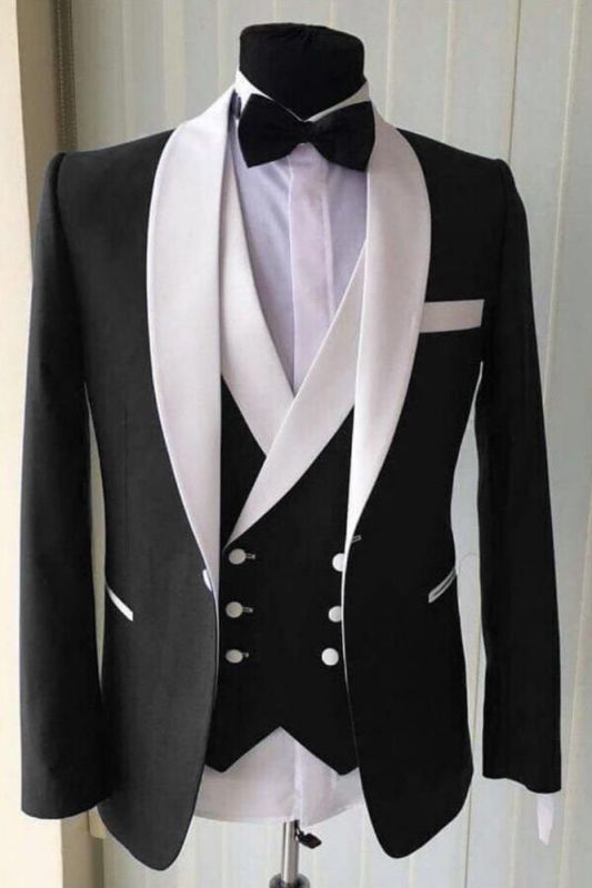 Wedding Groom White Lapel Shawl Lapel Classic 3 Piece Black Men's Suit ...