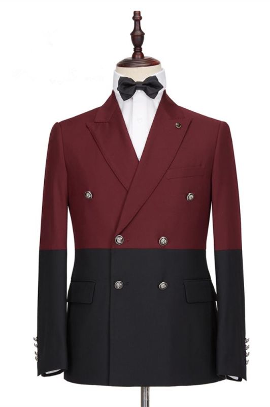 Emmanuel Fashion Burgundy and Black Double Breasted Peaked Lapel Men Suits for Prom