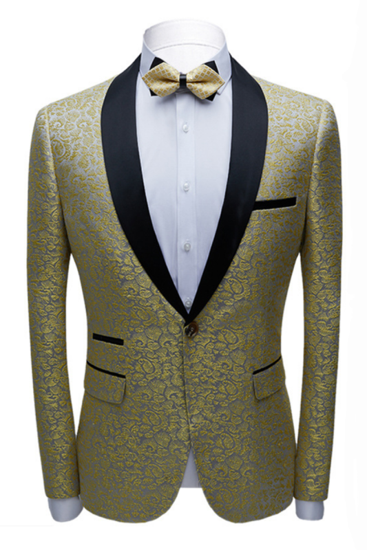 Chic Black Satin Shawl Lapel Prom Suits | Gold Jacquard Men's Wedding Tuxedos - Terence