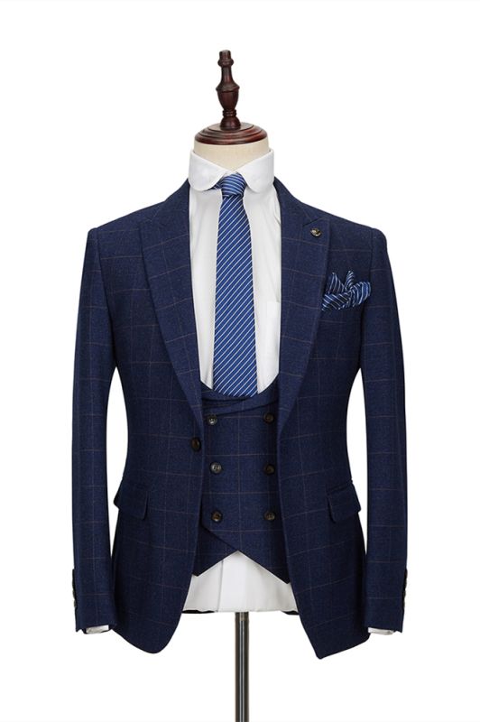 Classic Blue Plaid Peak Lapel 3 Piece Men's Suit with Double Breasted Waistcoat