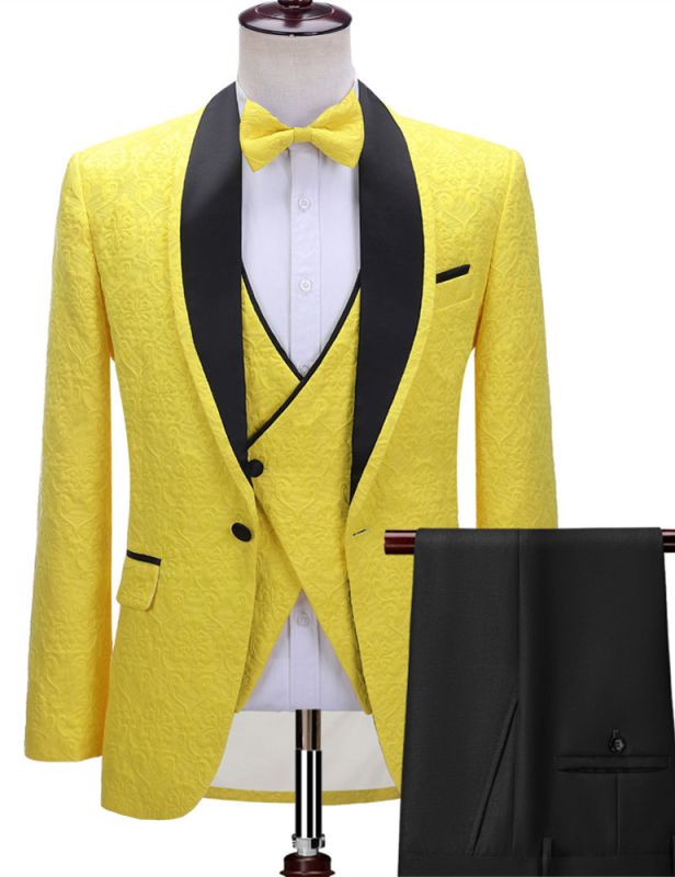 Alejandro Handsome Yellow One Button Three-Piece Wedding Suit with Black Lapel