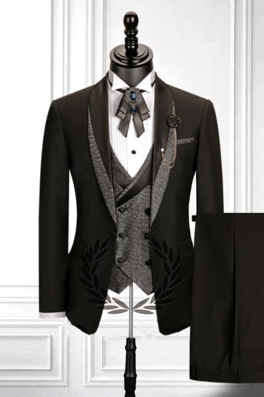 Stitching Shawl Lapel Black 3 Piece Men's Suit with Double Breasted ...