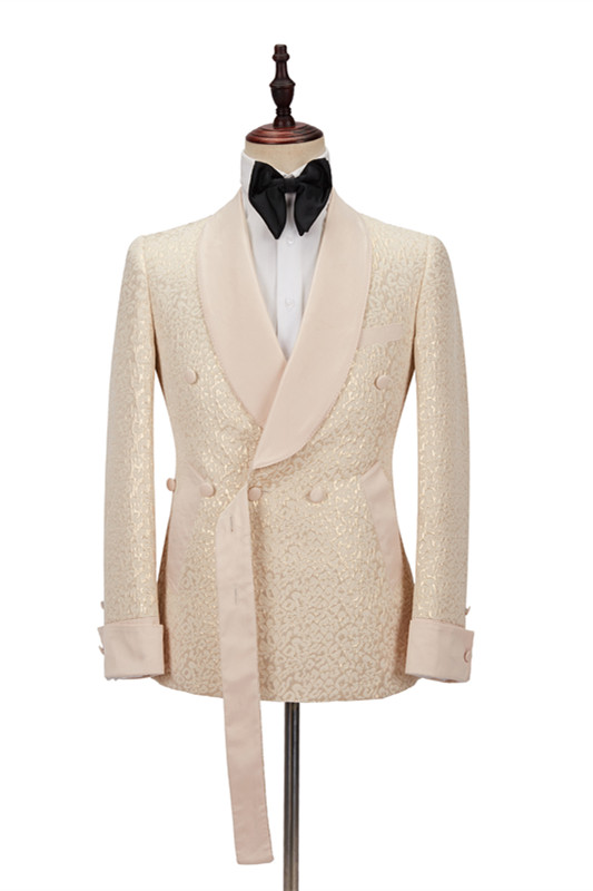 Seth Champagne Shawl Lapel Slim Jacquard Wedding Men Suits