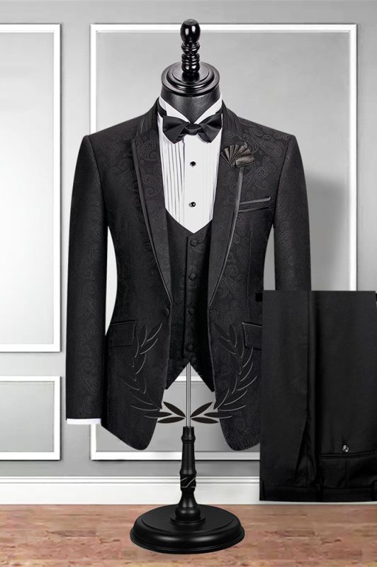 Classic Notch Lapel Black Groom Suit Slim Fit Jacquard Wedding
