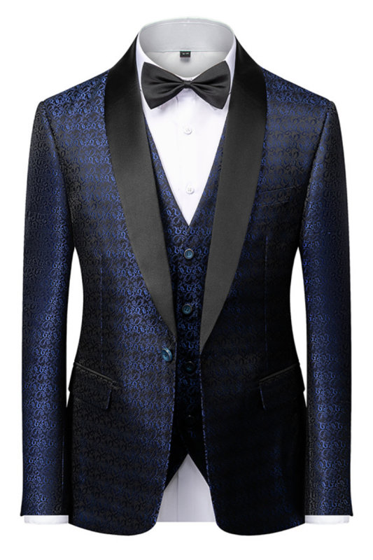 Popular Dark Navy Blue Men's Wedding Tuxedos | Black Satin Lapel Jacquard Prom Suits