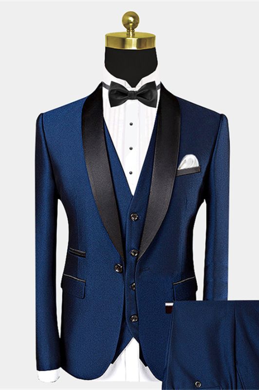 Popular Dark Navy Blue Suits for Groom | Black Satin Shawl Lapel ...