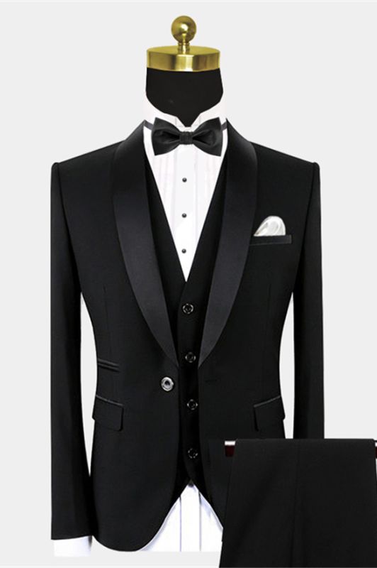 Traditional Black Suits for Groom | Black Satin Shawl Lapel Wedding ...