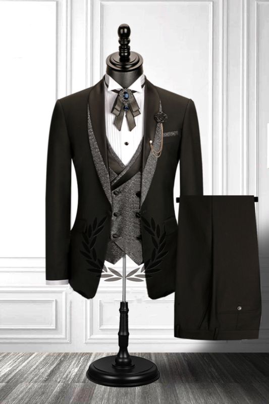 Stitching Shawl Lapel Black 3 Piece Men's Suit with Double Breasted ...