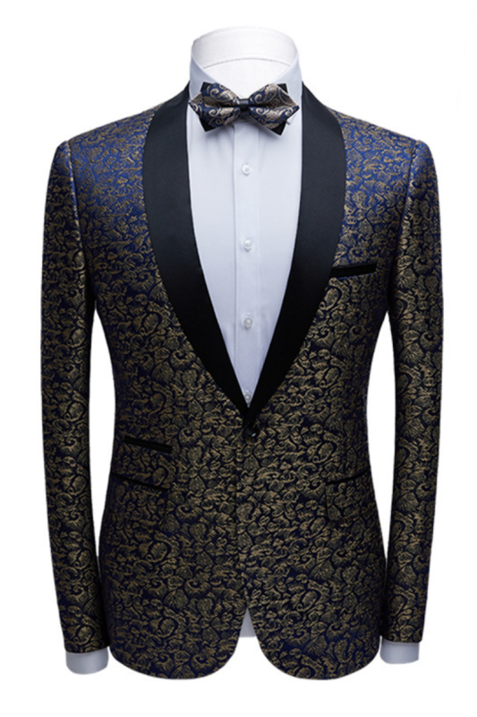 Modern Black Satin Shawl Lapel Wedding Tuxedos | Gold Jacquard Blue Men's Suits for Prom