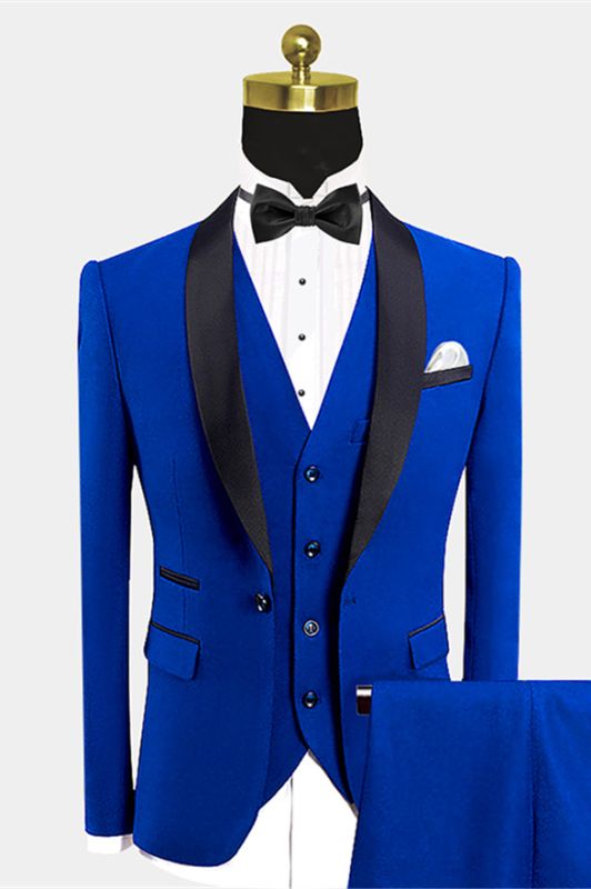 Modern Royal Blue Suits for Groom | Black Satin Shawl Lapel Wedding Tuxedo for Groomsmen - Vic